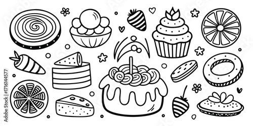 Delightful assortment of hand-drawn desserts and sweets collection for creative projects