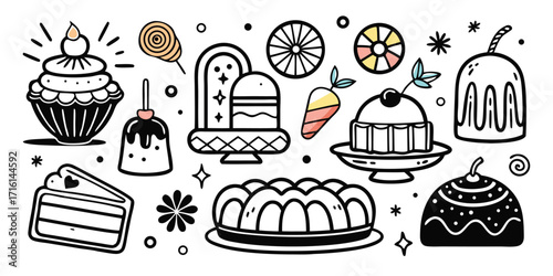 Collection of delicious desserts and sweets hand drawn sketch style for celebration