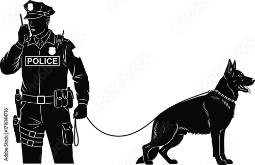 Police officer with trained dog in uniform, holding radio and leash, black silhouette vector, law enforcement teamwork, security patrol art