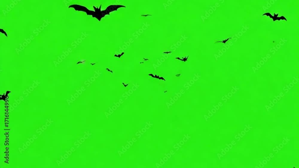A captivating animated video of a flock of bats flying dynamically across a green screen
