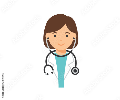 A flat vector icon of a male doctor wearing a lab coat, surgical cap, and a stethoscope on a white background.