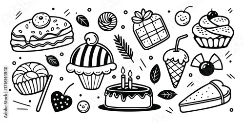 Sweet celebration desserts and candies doodle art collection for parties and treats