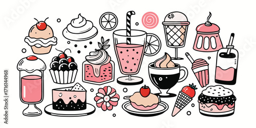 Delightful assortment of sweet treats including cakes ice cream and drinks
