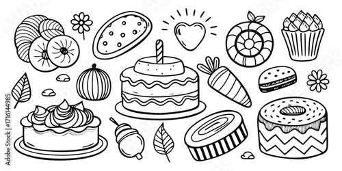 Whimsical hand-drawn collection of delicious desserts and sweet treats for celebrations