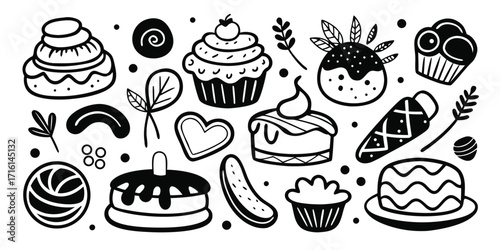 Hand drawn sweet desserts collection of cakes cupcakes and treats variety