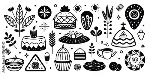 Whimsical hand-drawn dessert collection featuring cakes pastries tea and festive elements