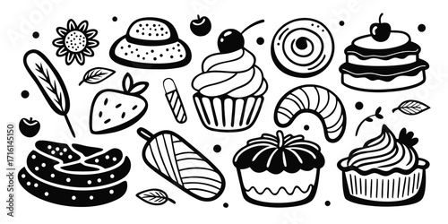 Whimsical hand-drawn sweet treats collection featuring cakes cupcakes and pastries