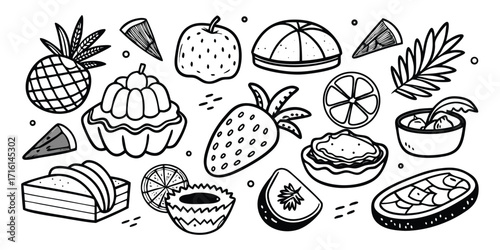 Charming hand drawn assortment of desserts fruits and pastries delightful treats collection