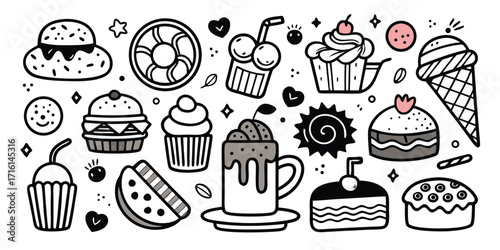 Whimsical doodle collection of desserts and sweets featuring cupcakes and ice cream
