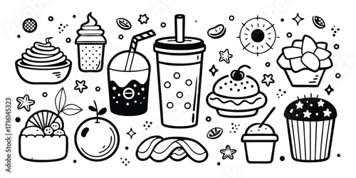 Hand-drawn dessert and drink assortment doodle style black and white sweet treats collection