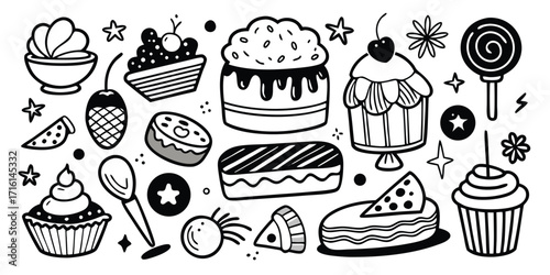 Delicious dessert assortment hand drawn sketch style black and white