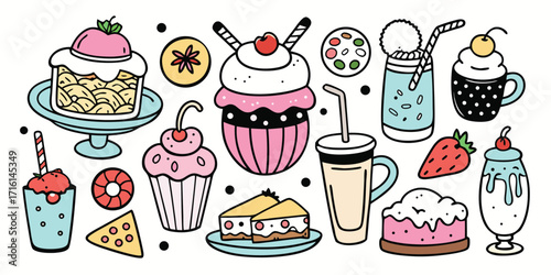 Whimsical sweet treats collection delicious desserts cakes cupcakes drinks and fruit illustrations