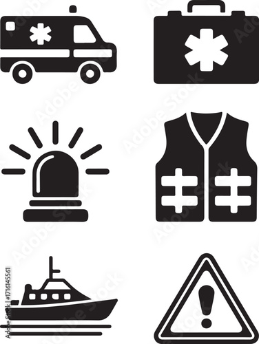 Emergency response icons ambulance first aid boat safety sign vest