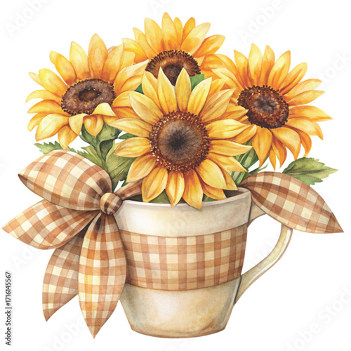 A minimal watercolor paper coffee cup filled with bright sunflowers white background clipart watercolor 