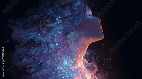 A glowing feminine figure with flowing hair of colorful stardust, framed by a dark universe