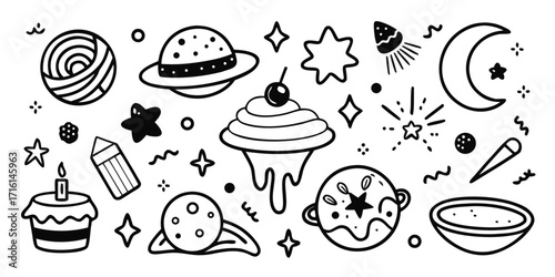 Whimsical space themed dessert collection hand drawn doodle art celebration sweets