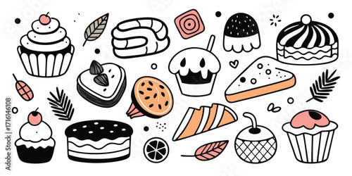 Assortment of hand-drawn desserts and sweets collection delicious treats variety