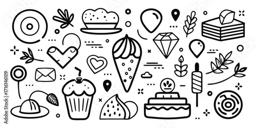 Doodle collection of desserts and sweets featuring cakes cupcakes ice cream and cookies