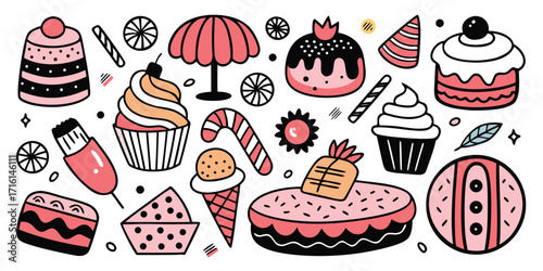 Delicious sweet desserts collection cake cupcake ice cream candy confectionery treats