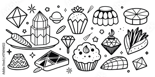 Whimsical line art collection of desserts cupcakes jelly gems and candies