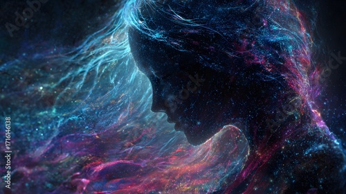 A glowing feminine figure with flowing hair of colorful stardust, framed by a dark universe