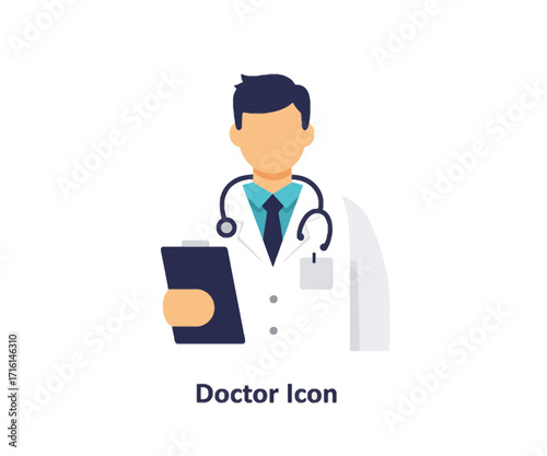 A flat vector icon of a male doctor wearing a lab coat, surgical cap, and a stethoscope on a white background.