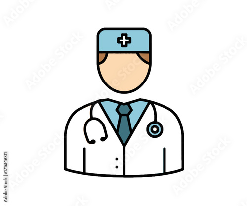 A flat vector icon of a male doctor wearing a lab coat, surgical cap, and a stethoscope on a white background.
