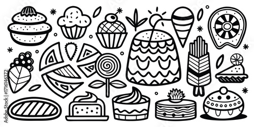 Hand-drawn doodle collection of delicious desserts and sweets in black and white