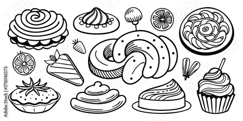 Delicious assortment of hand-drawn desserts and sweets collection line art