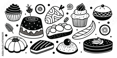 Whimsical hand-drawn desserts collection featuring cupcakes cakes and pastries sweet treats