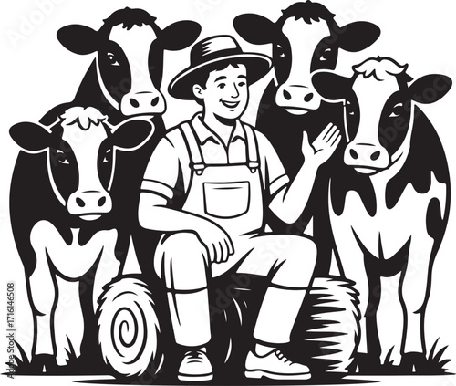Farmer With Cows Vector Illustration