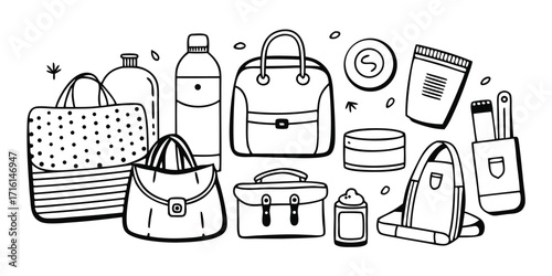 Assortment of fashion bags and travel accessories sketch for style and organization