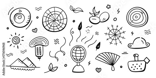 Collection of hand-drawn festival and travel icons representing adventure and exploration