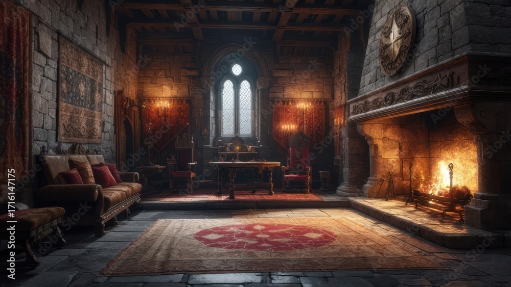 Fototapeta premium Medieval castle interior with fireplace and large window
