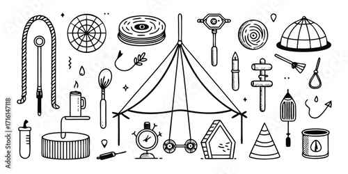 Whimsical hand drawn festival elements collection vintage style line art artistry