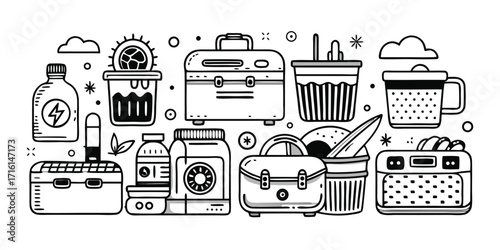 Collection of outdoor festival gear and supplies hand-drawn style black and white line art