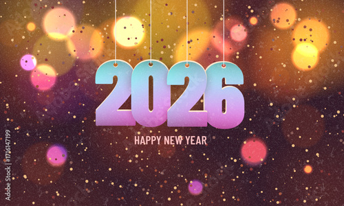 Happy new year 2026. Hanging white paper number with confetti on a colorful blurry background. Happy New Year modern design with 2026 logo made of 3d vibrant numbers on backlight background