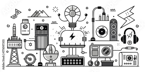 Creative invention concept collage with lightbulb energy idea and various devices
