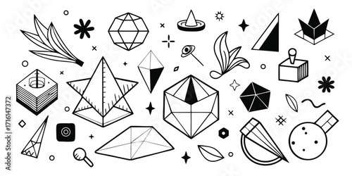 Whimsical hand-drawn geometric shapes stars foliage and celestial elements for festive design