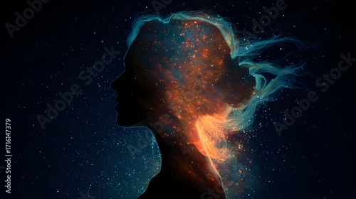 Glowing woman in silhouette, hair radiating colors of the cosmos, deep black backdrop