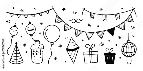 Whimsical hand drawn festival party decorations balloons gifts confetti and bunting flags