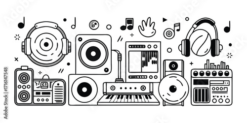 Fun hand-drawn musical instruments and dj equipment for a lively festival or party atmosphere