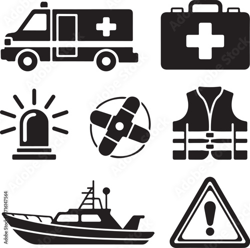 Emergency rescue icons ambulance first aid boat life vest siren