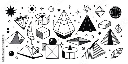 Collection of geometric shapes and celestial elements drawn in a hand sketch style