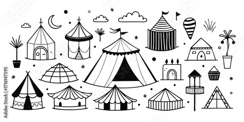 Whimsical hand drawn circus tents and festival elements collection for creative designs