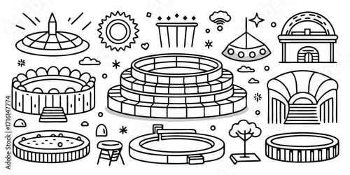 Collection of outline icons representing various stadiums arenas and amphitheaters