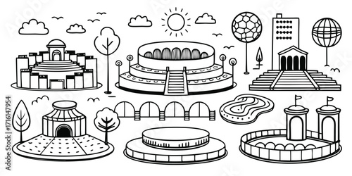 Collection of festival and outdoor event venue designs simple line art elements