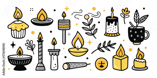 Hand-drawn candle assortment vibrant flames festive decorations and floral accents