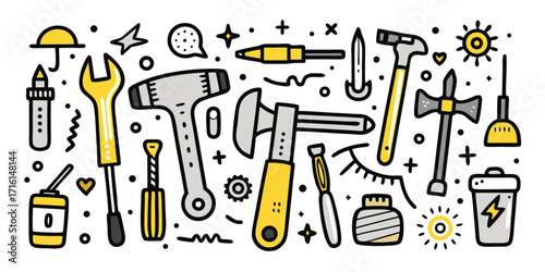 Collection of cartoon tools and repair items for diy projects and home improvement concepts