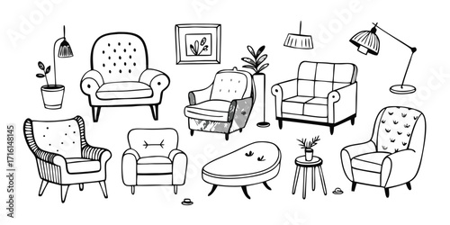 Charming hand-drawn furniture collection featuring armchairs sofas lamps and stools